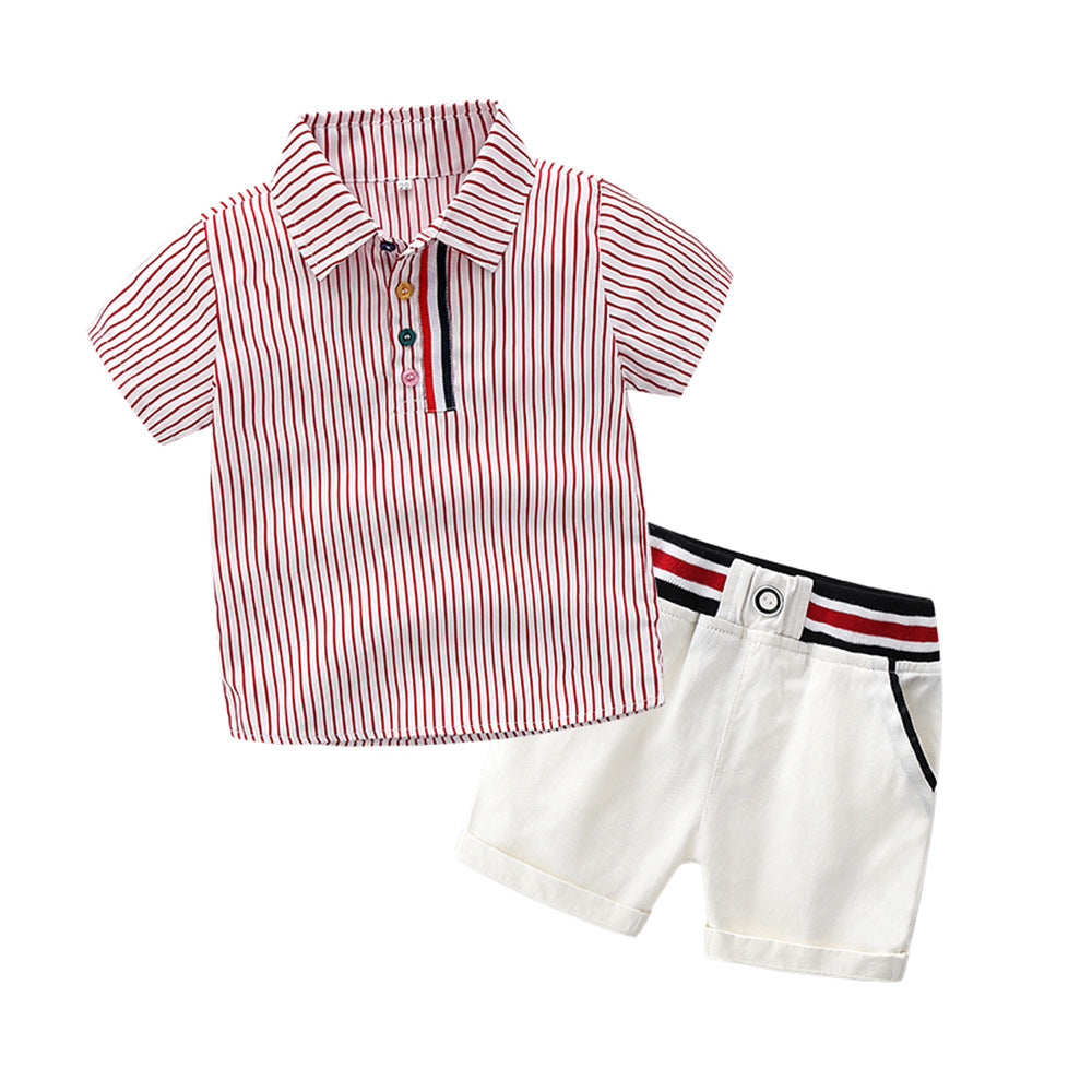 Boys' Cotton Lapel Short Sleeved Striped Shirt Casual Pants Set