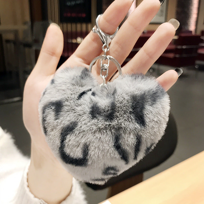 Leopard Pattern Plush Ball Metal Keychains