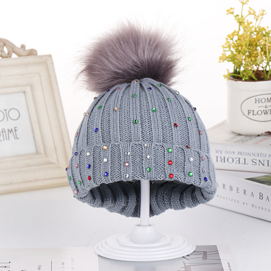Wholesale Autumn and Winter Children's Fur Ball Knitted Hats Colorful Diamond Acrylic Ear Protection Hats