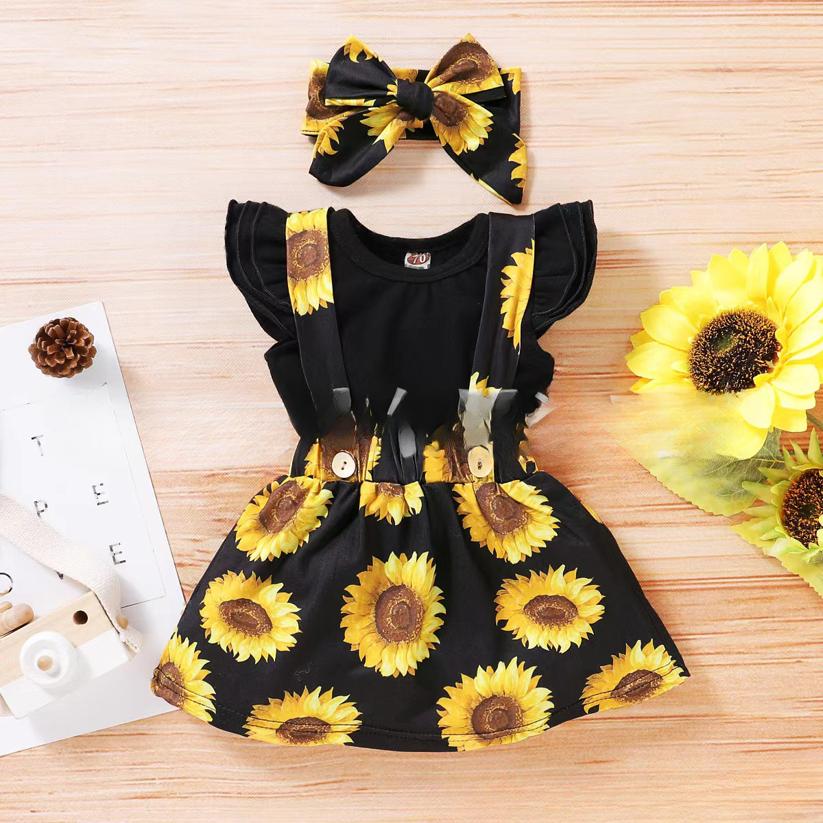 Cotton Kids Sunflower Short Sleeve Suspender Dress Set