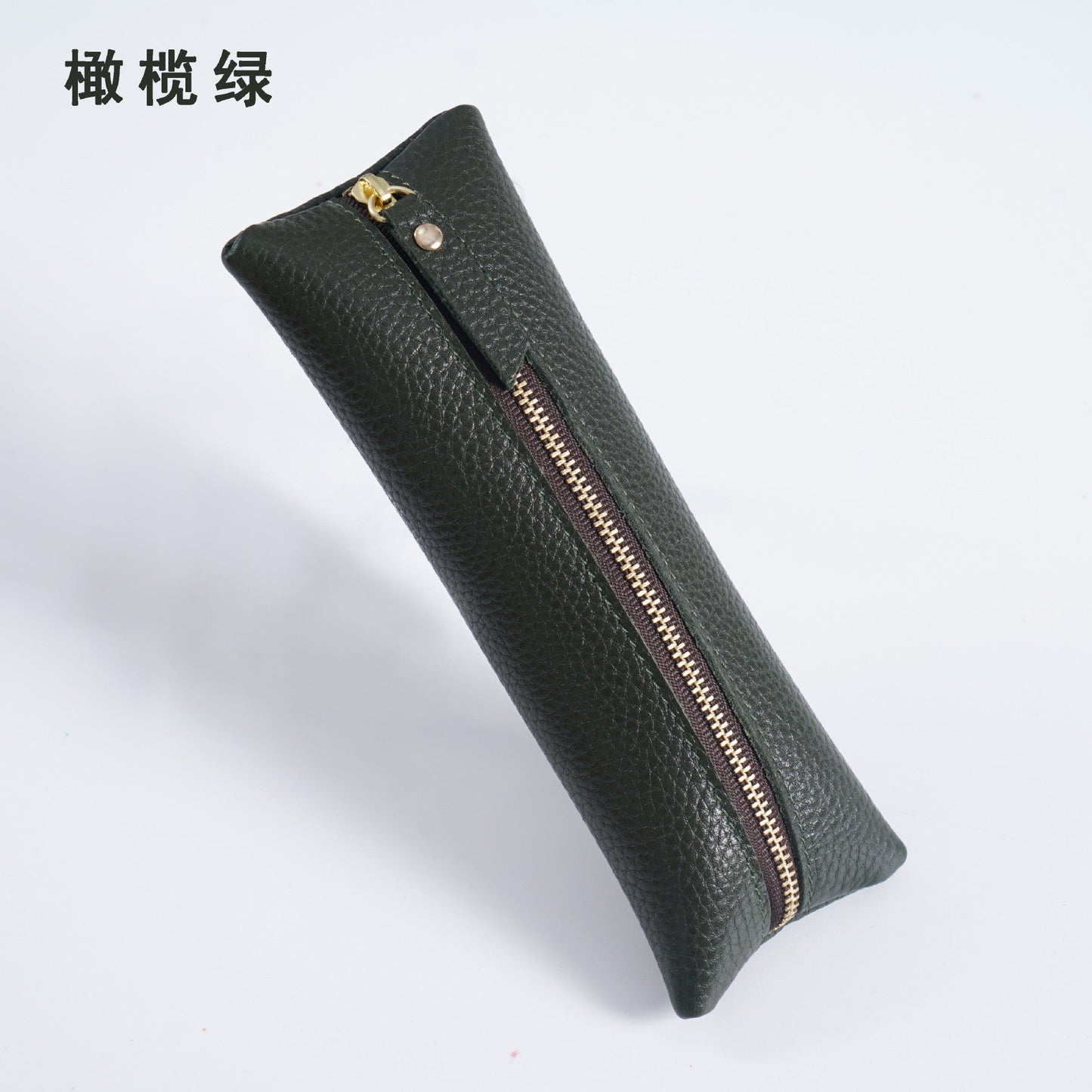 First Layer Litchi Zipper Genuine Leather Pencil Case