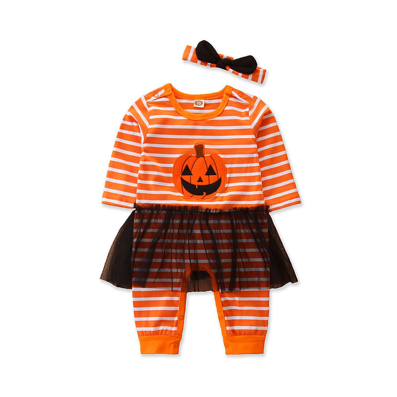 Baby Girls Striped Cartoon Bow Halloween Jumpsuits Headwear