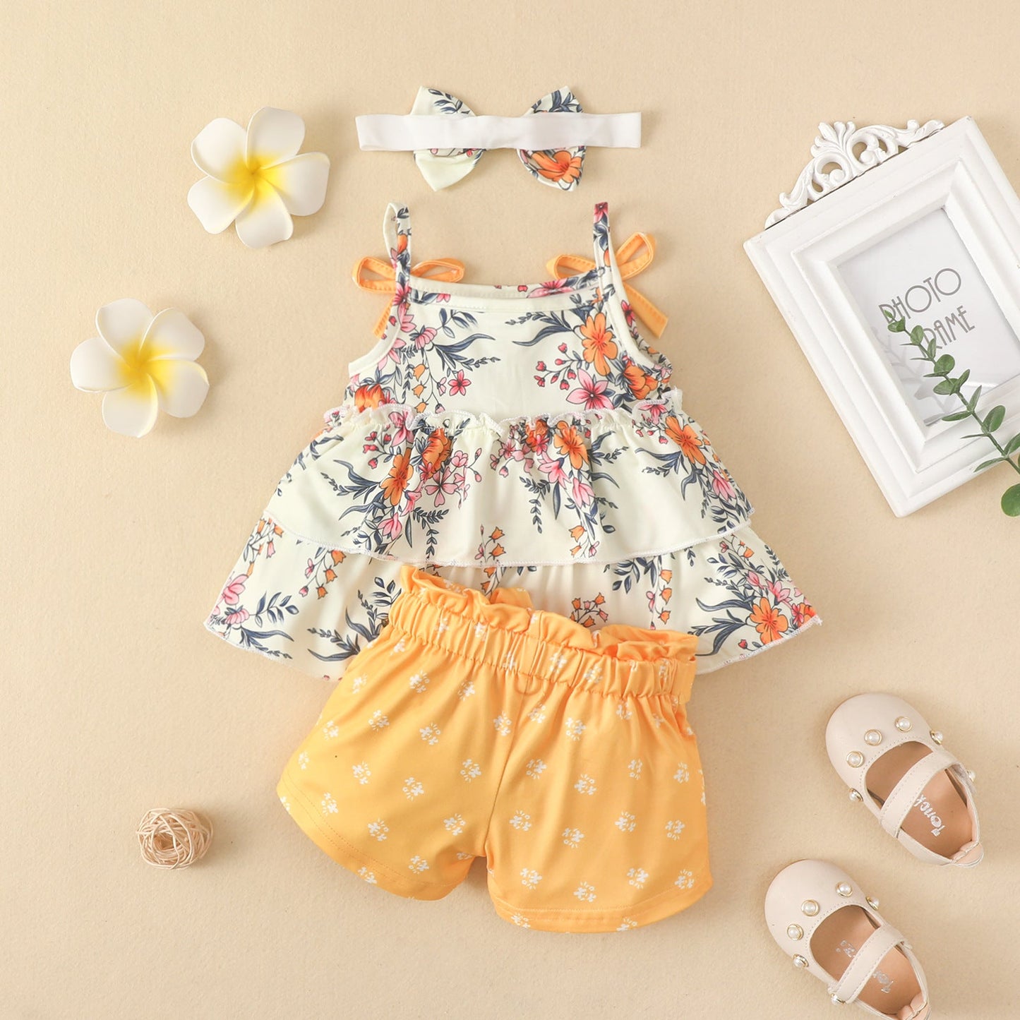 3 Pieces Set Baby Girls Tank Tops Solid Color Shorts And Bow Headwear