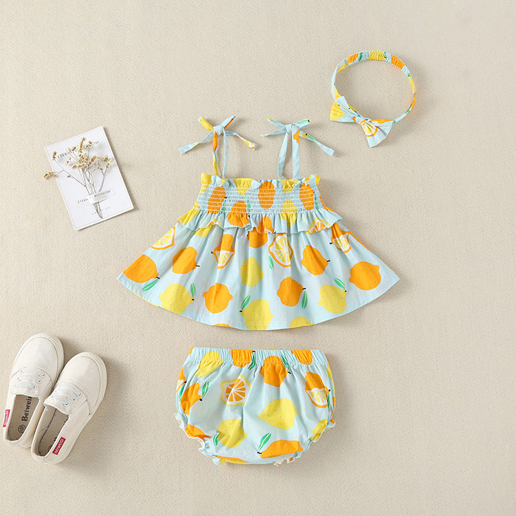 3 Pieces Set Baby Girls Tank Tops Shorts And Bow Headwear