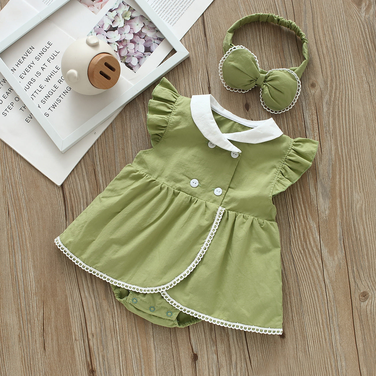 Baby Girls Solid Color Rompers And Bow Accessories Headwear
