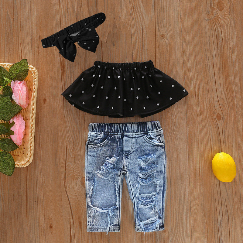 3 Pieces Set Kid Girls Tops And Jeans And Bow Headwear