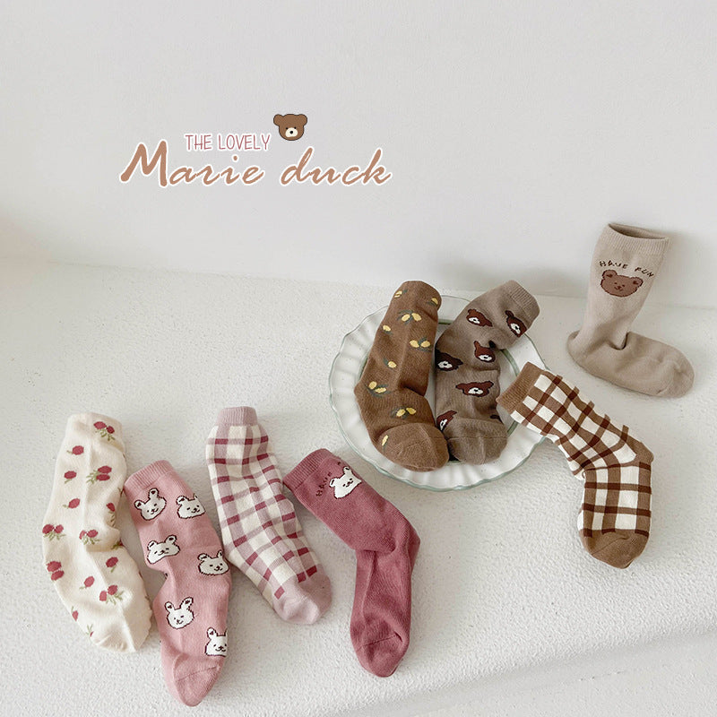 4 Pairs Girls Checked Cartoon Accessories Socks