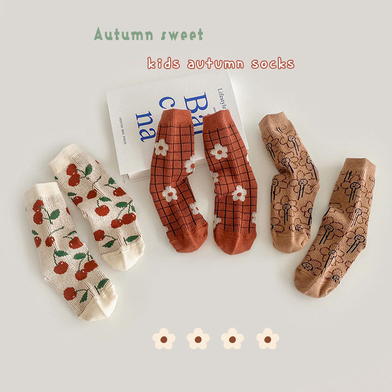 3 Pairs Girls Flower Fruit Checked Accessories Socks