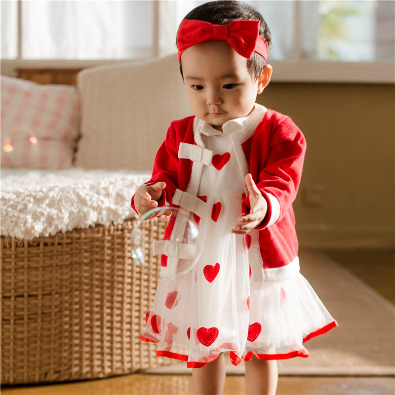 3 Pieces Baby Kid Girls Color-blocking Cardigan Lace Embroidered Princess Dresses And Bow Headwear Set Wholesale 56569552