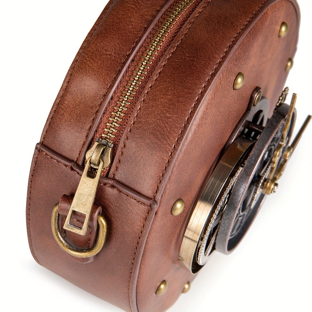 Steampunk Leather Motorcycle Crossbody Bag Metal Clock Decor