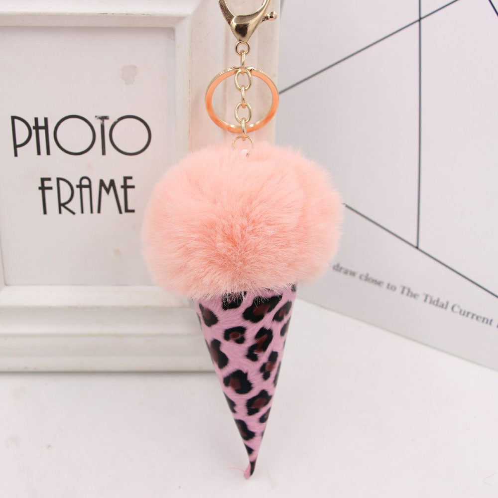 Leopard Print Ice Cream Fur Ball Alloy Keychain