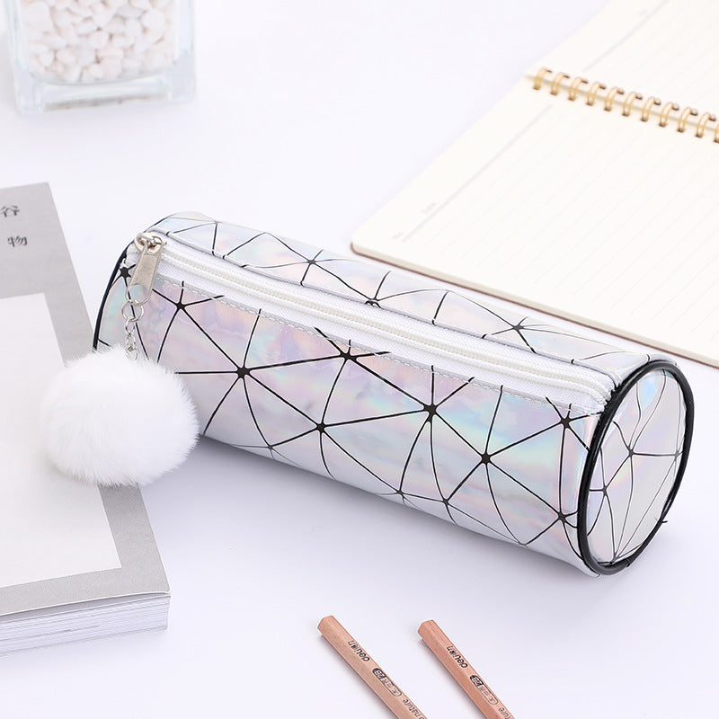 Cylindrical Laser Pencil Case with Fur Ball