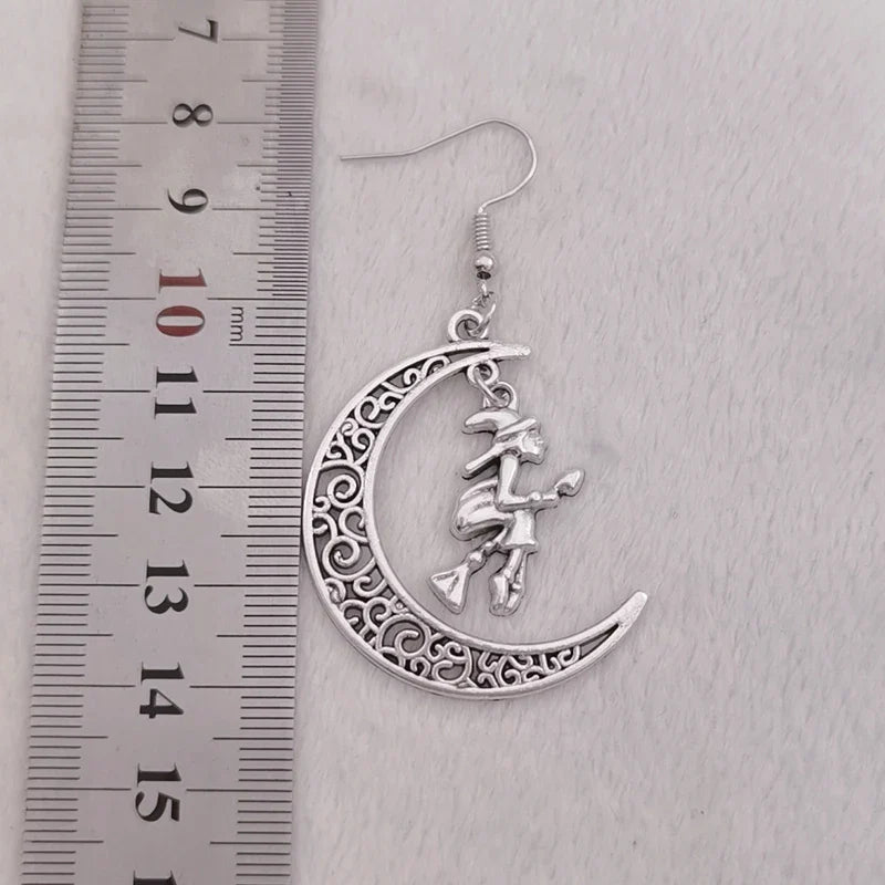 Flying Witch Crescent Moon Earrings