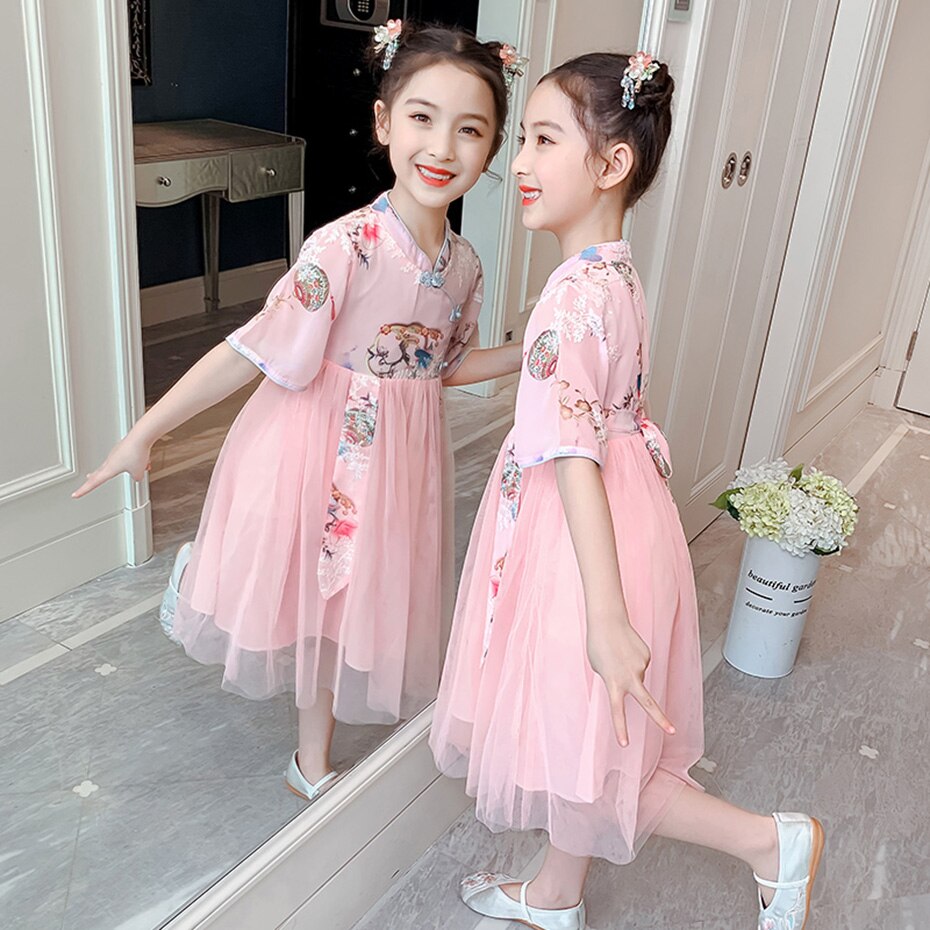 Girls Cheongsam Ancient Chinese Tree Print Dress