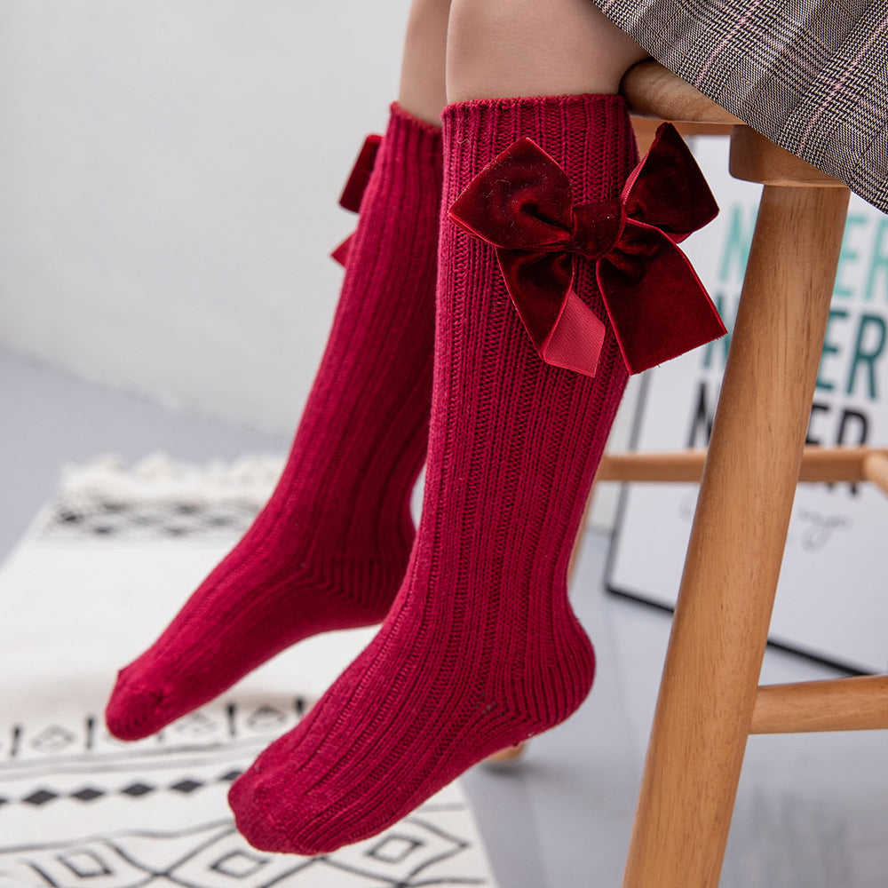 Kid Girl Velvet Bowknot High Top Socks