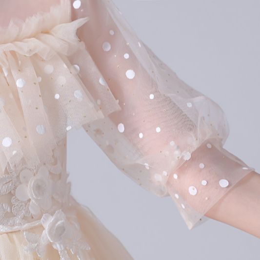Dotted See Through Sleeves Ruffle and Lace Girls Party Dress