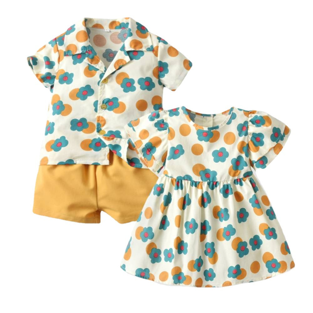 Children's Cotton Shirt Printed Short Sleeved Shorts Set