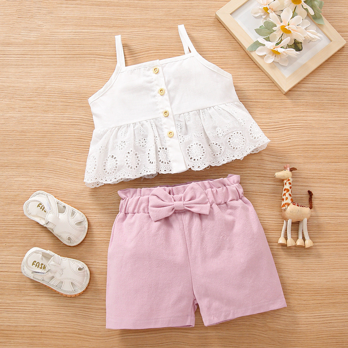 Suspender lace solid color bow two piece set European and American girls' set cross border children's wear middle and small children
