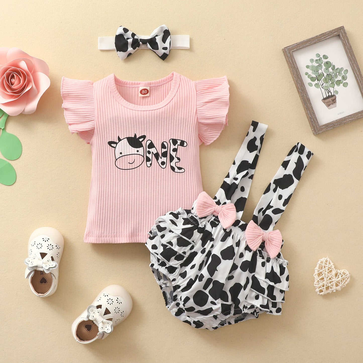Baby Cow Bow Bib Overalls Set Polyester Baby Clothes