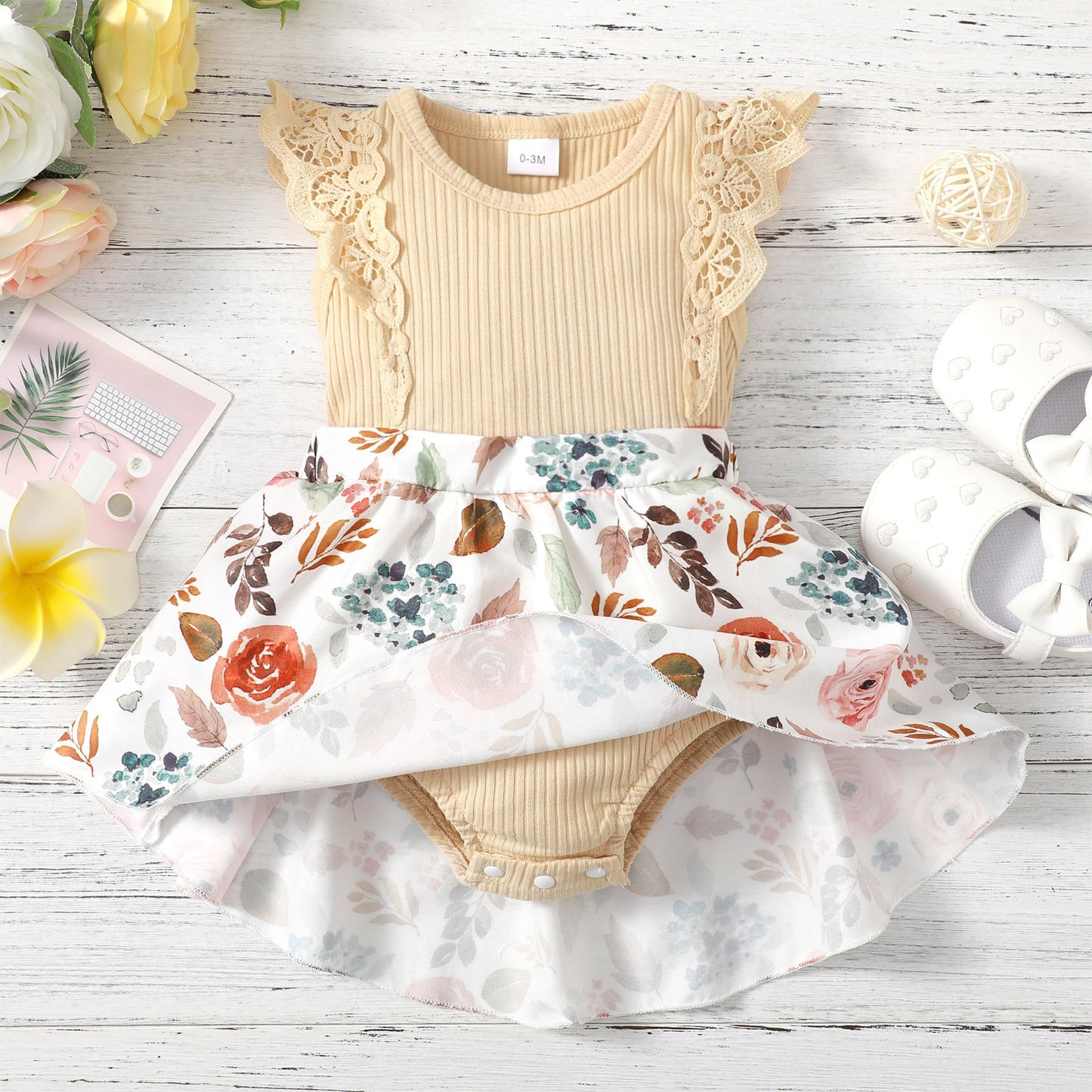 Lace Trim Polyester Floral Dress Baby Clothes
