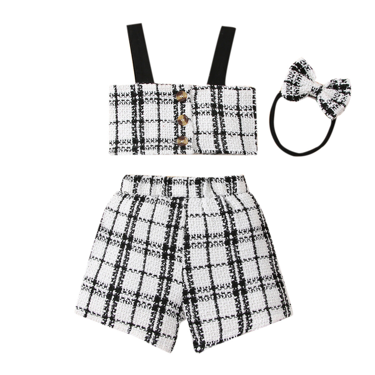 Suspender small fragrant wind Plaid Shorts baby three piece set