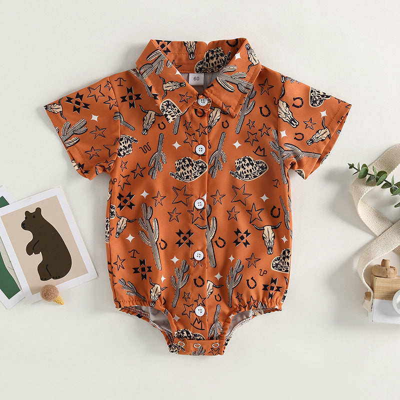 Cotton Boys Shirt Aztec Western Style Denim Cactus Jumpsuit