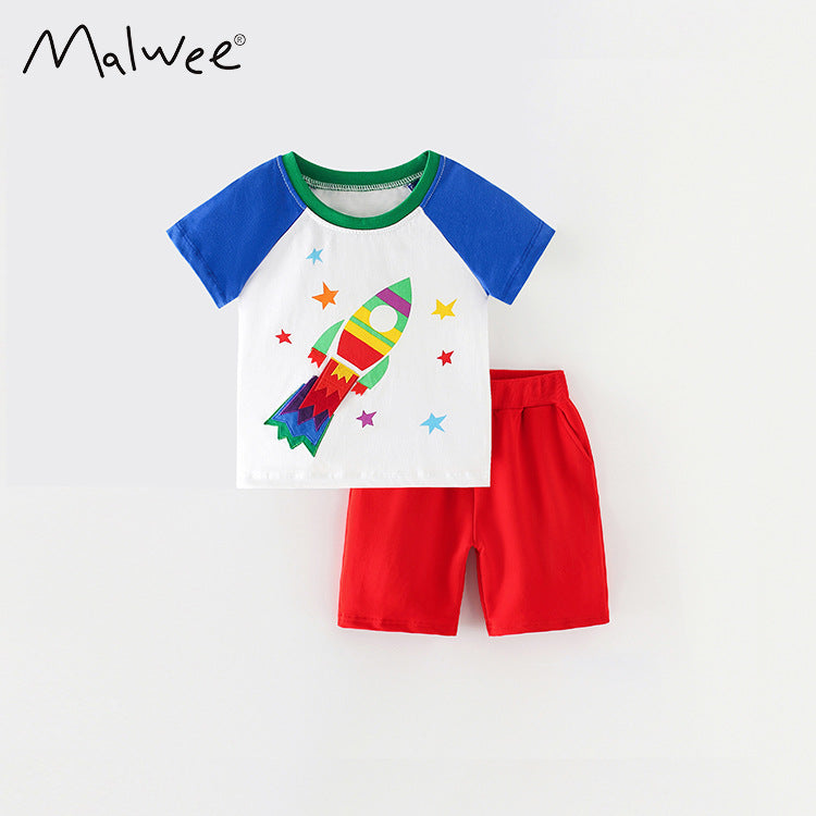Boy's cartoon cotton trousers short sleeves two overalls