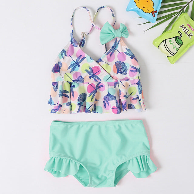 Split Girls Dragonfly Dot Print Swimwear