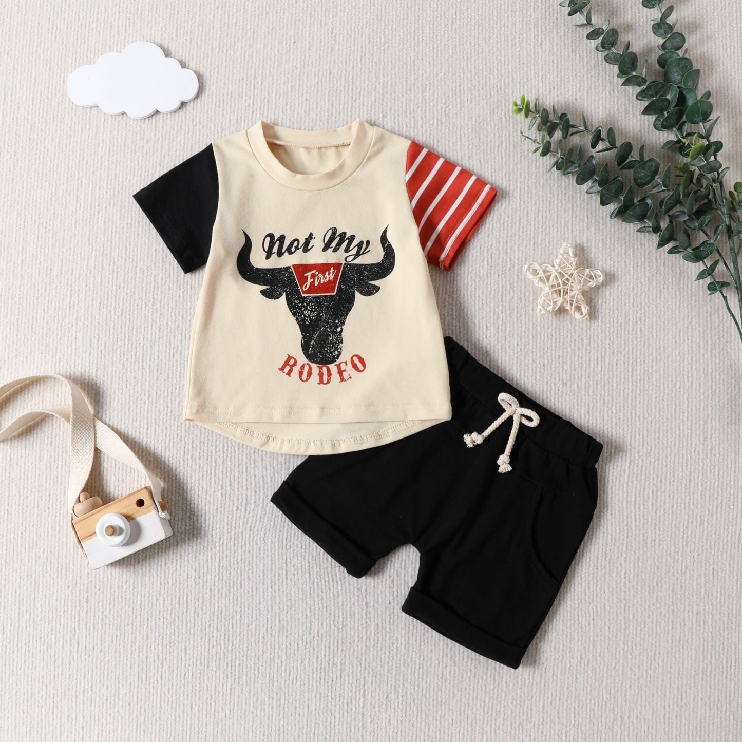 Cotton Western Patchwork Color T-shirt and Shorts Set