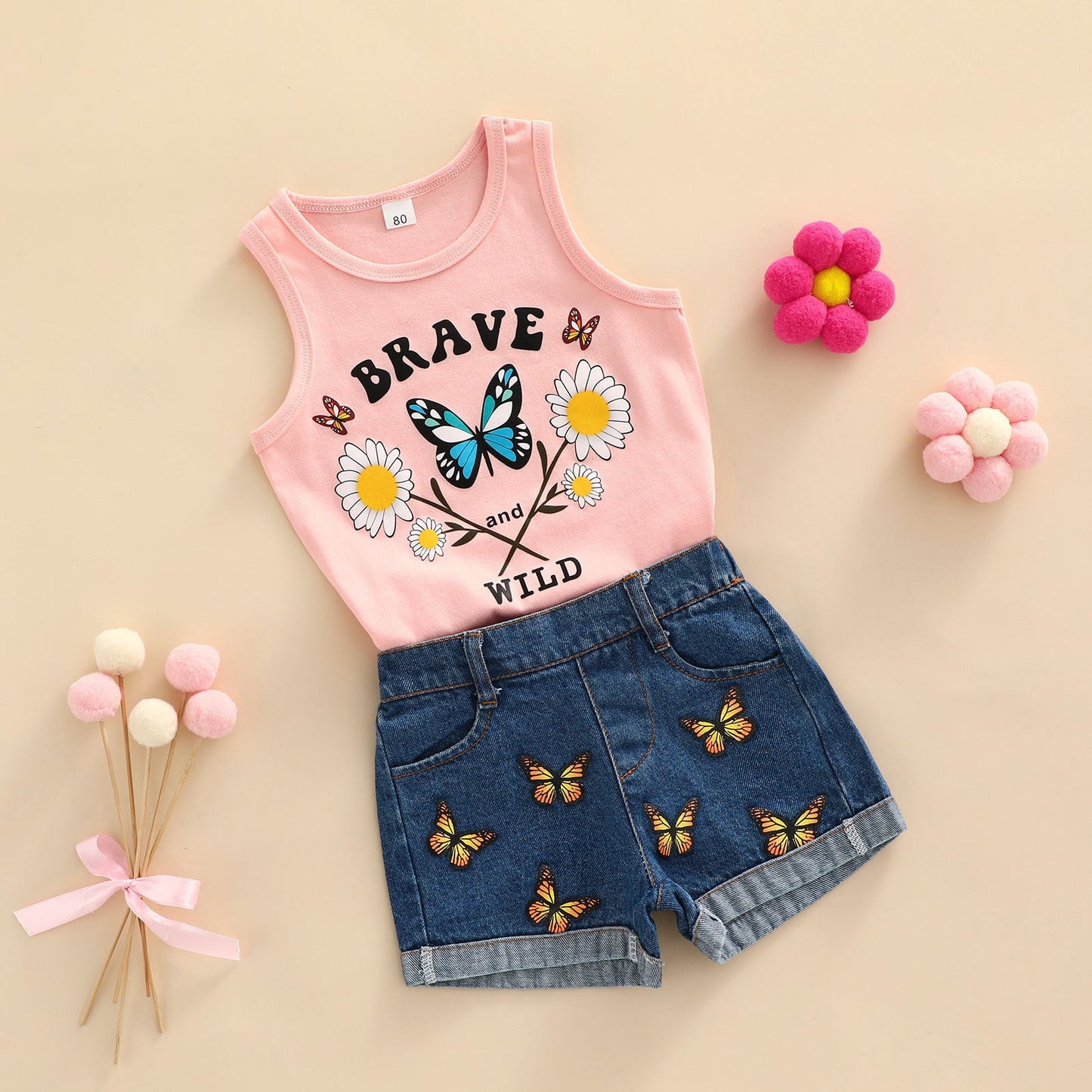 Cotton Rainbow Butterfly Print Tank Top Denim Shorts Girls Set