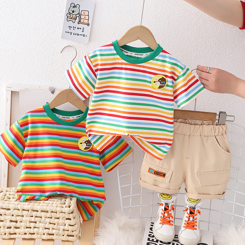 Boys' Summer Striped Short Sleeved Cotton Two-piece Set