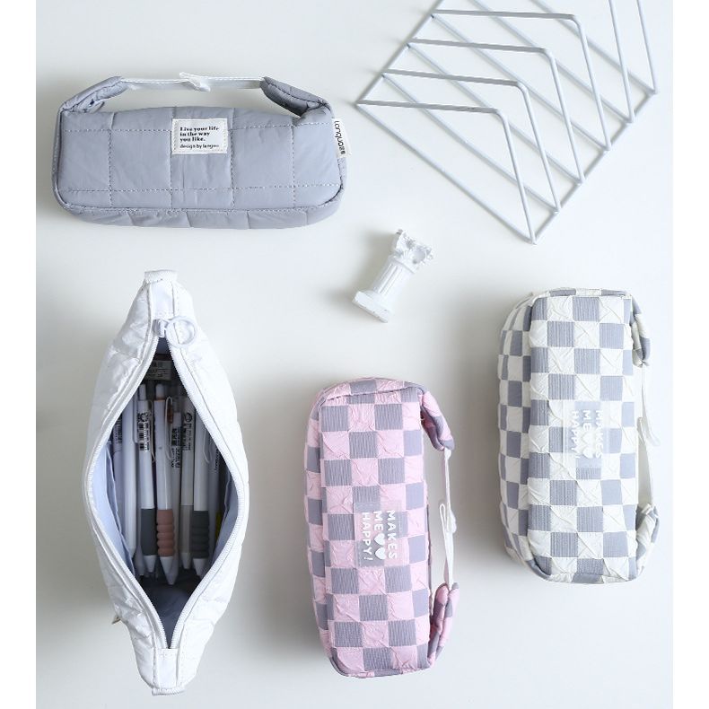 Checkerboard Large Capacity Canvas Pencil Bag