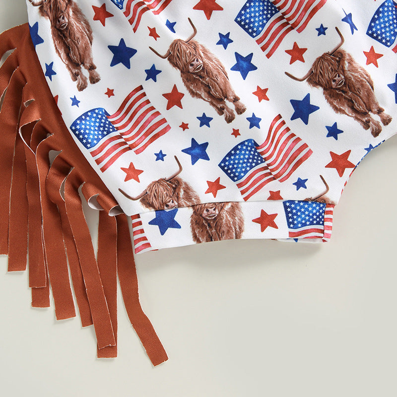 Cotton Independence Day Bull Head T-Shirt Tassel Shorts Set