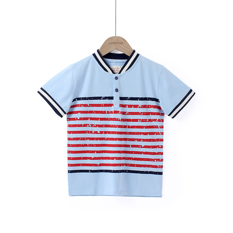 Small and medium-sized children's open chest stand collar Top Boys' Casual Short Sleeve T-Shirt