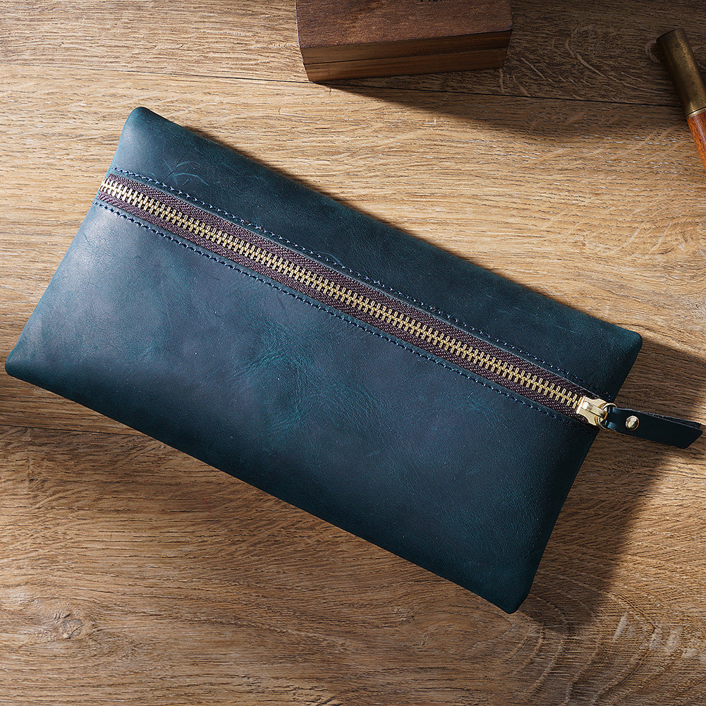 Cowhide Large -capacity Zipper Simple Portable Pen Bag