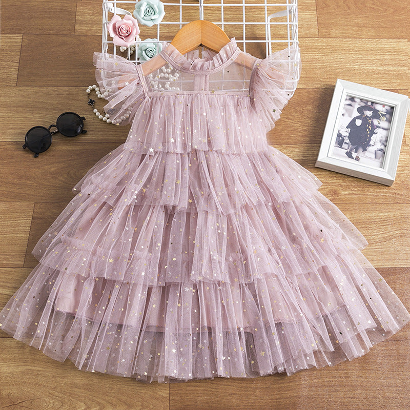 Girls Summer Star Sequin Cake Mesh Tutu Skirt
