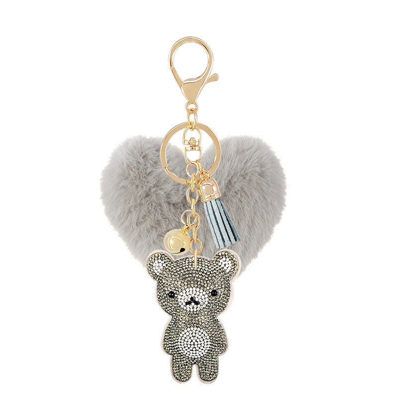Diamond Velvet Peach Heart Fur Ball Bear Key