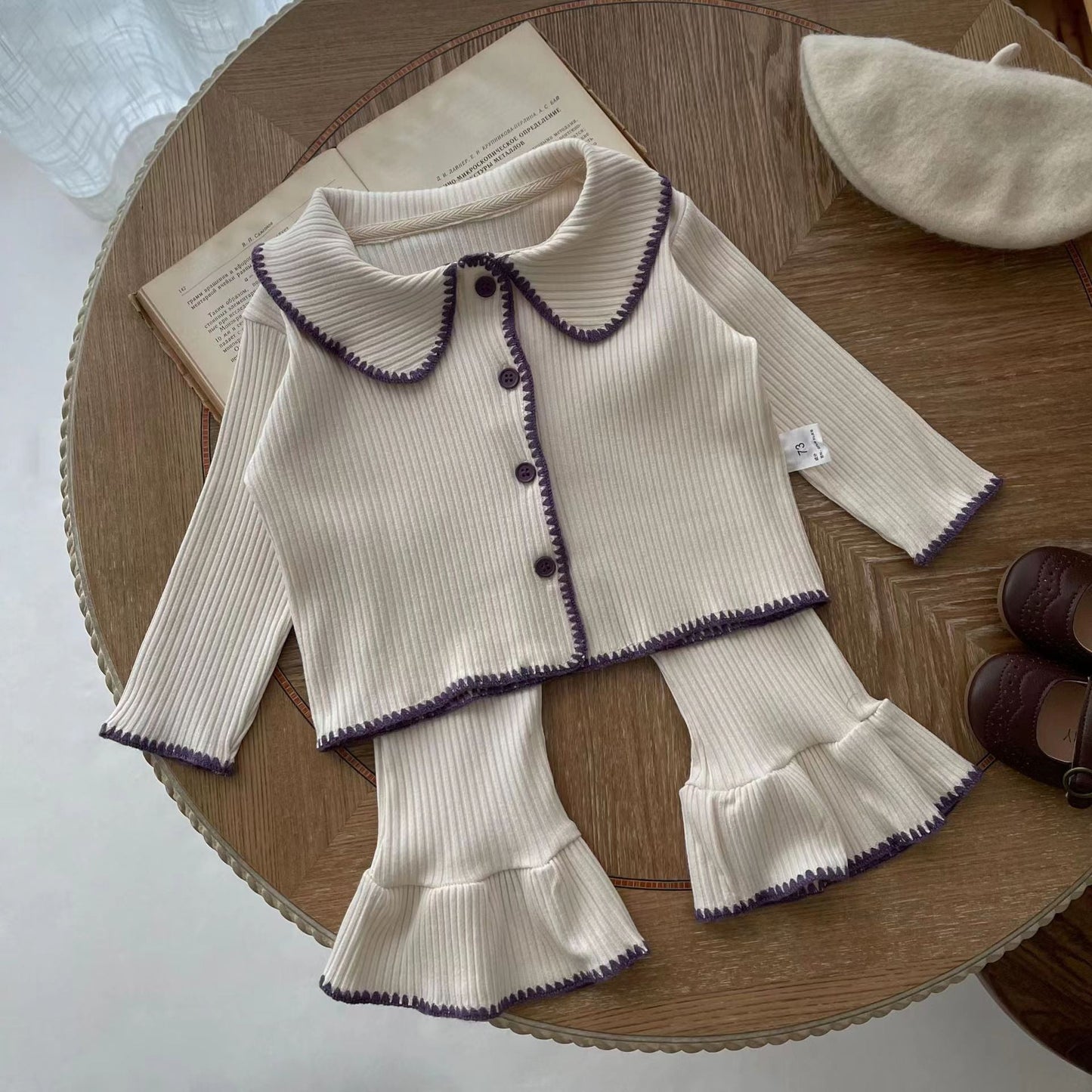 Wholesale Cotton Kids Knitted Separate Suit Contrast Color Cardigan Flare Pants
