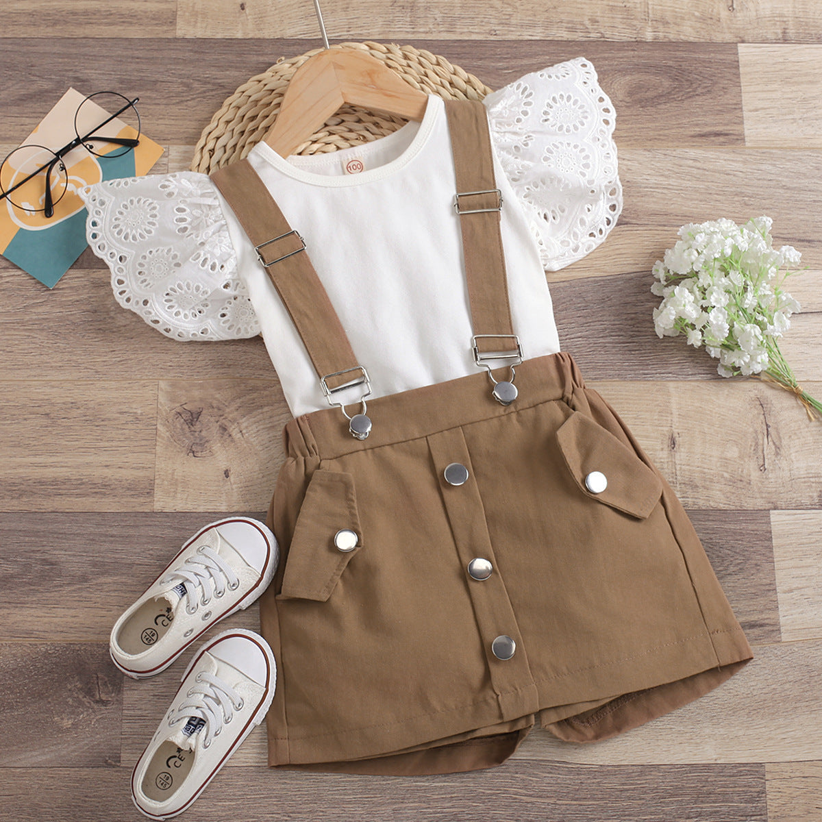 Round Neck Top with Detachable Strap Culottes Baby Clothes