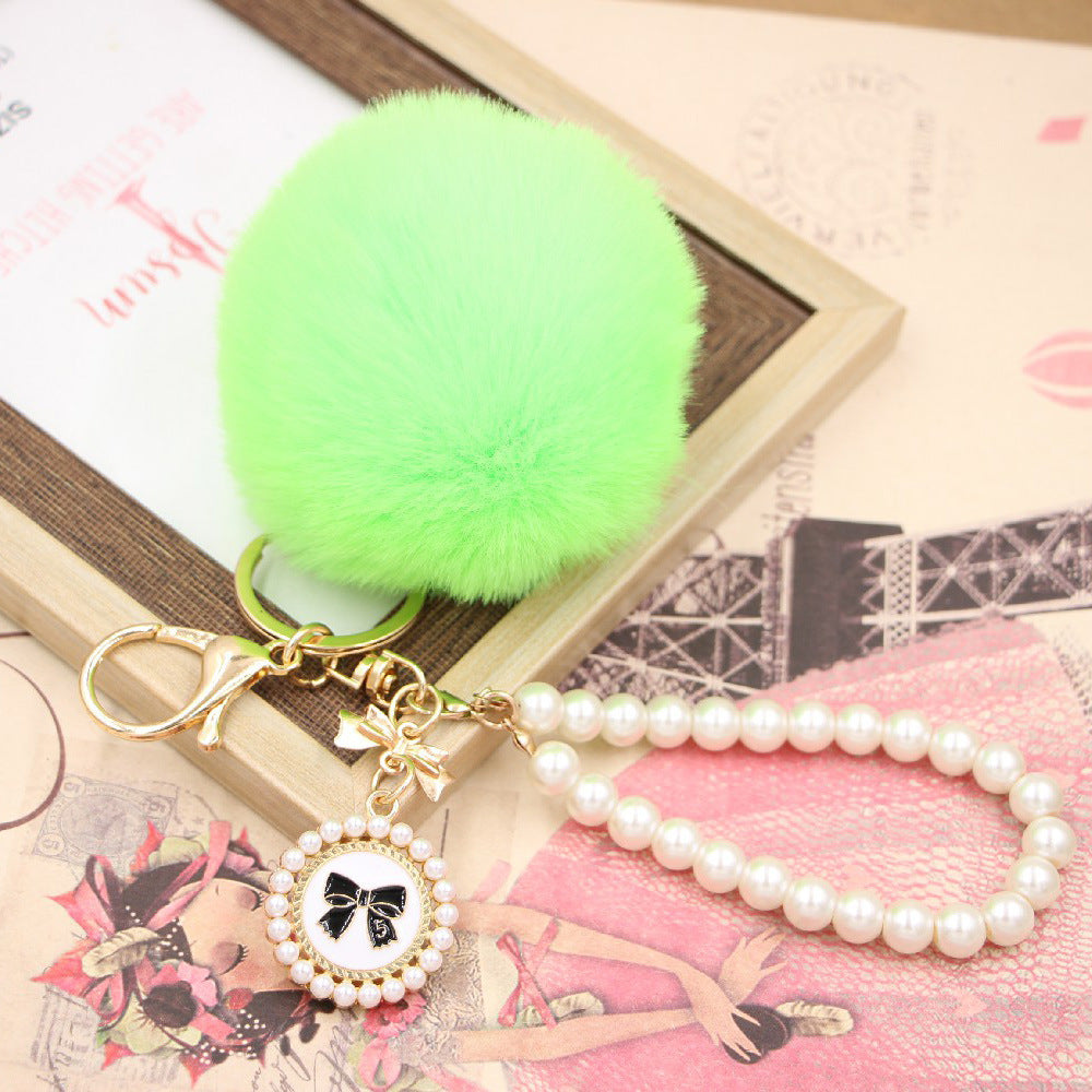 Imitation Rex Rabbit Fur Ball Pearl Chain Bow