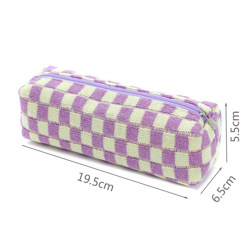 Plush Knitted Wool Checkerboard Pencil Case