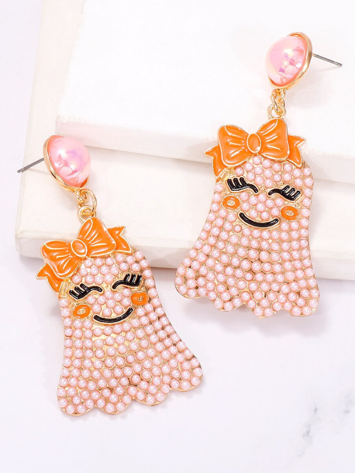 Girls Smiley Spook Beaded Ghost Drop Earrings