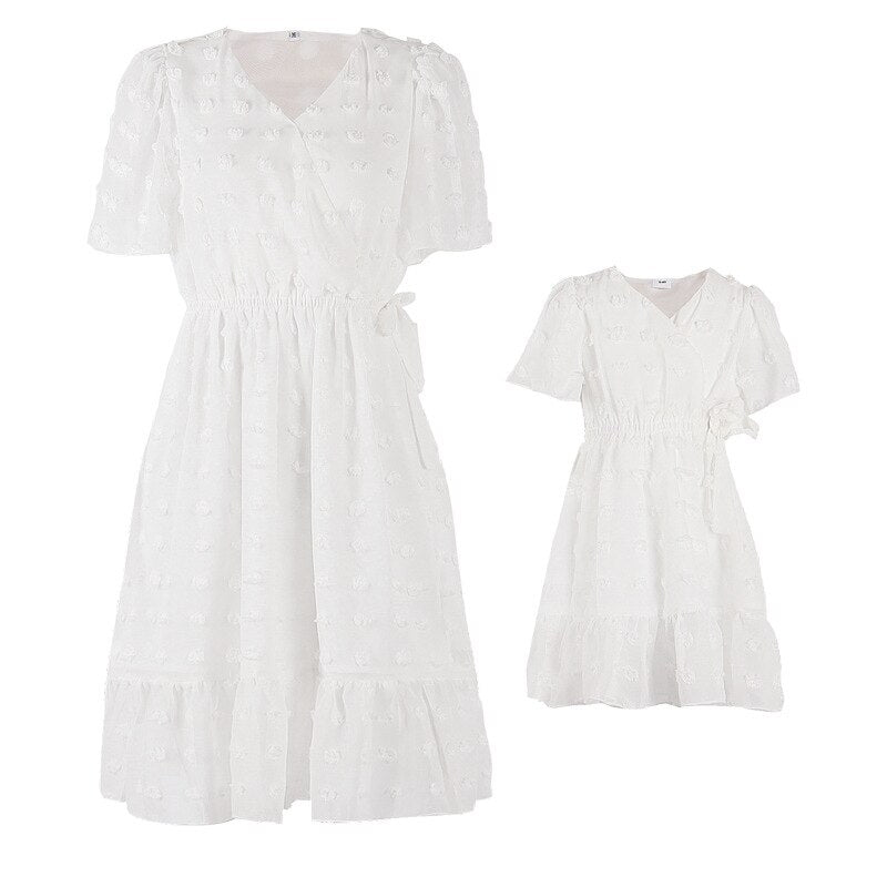 Family Matching Clothes Dress For Mother Daughter V Neck Short Sleeve