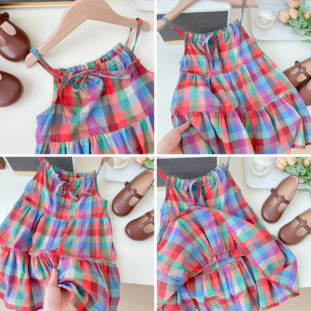 Summer Girls' Colorful Plaid Strap Dress