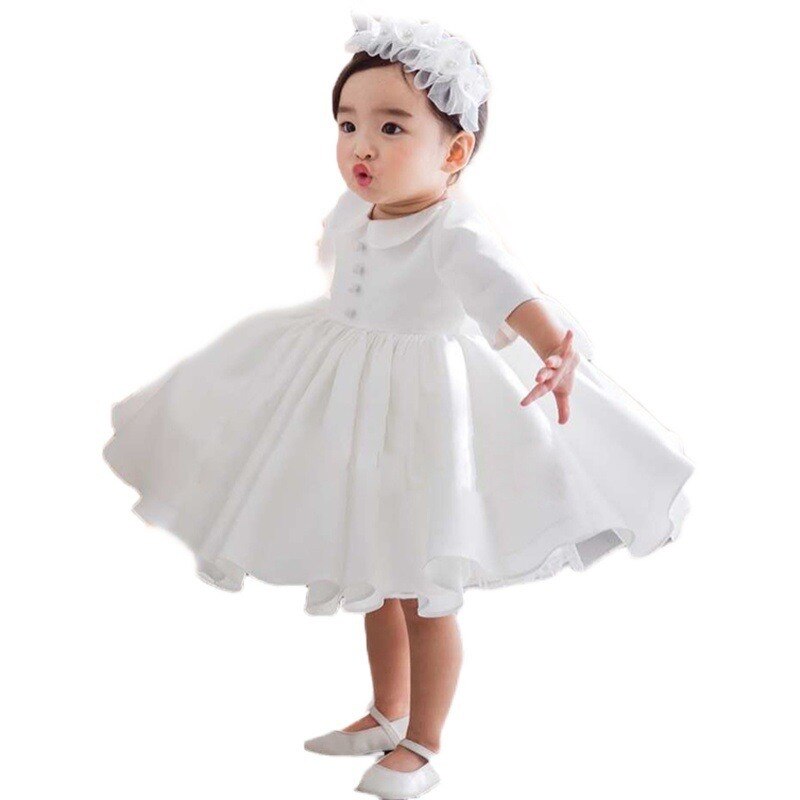 Baby Collar Long Sleeves Fashion Christening Silk Dress