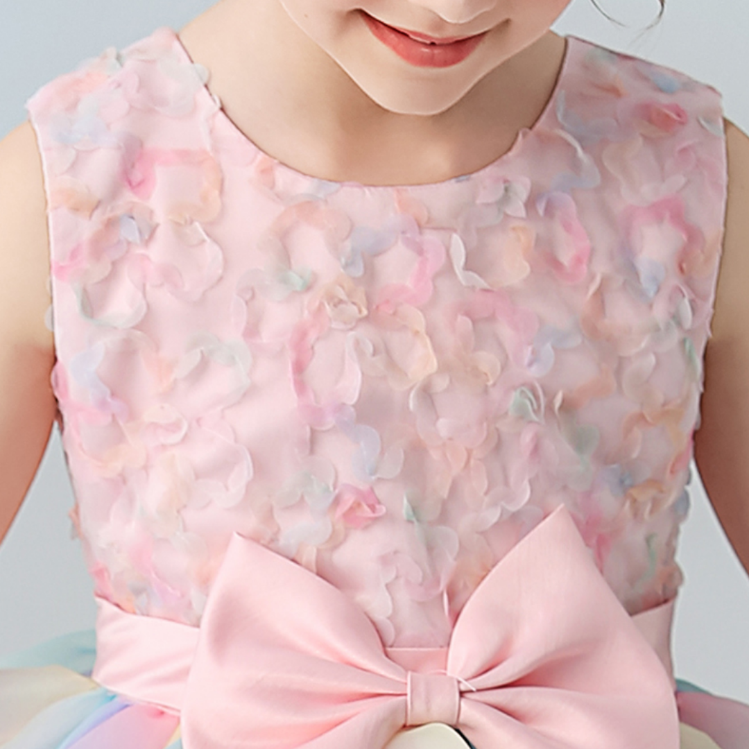 Rainbow Layered Skirt and Bow Design Flower Girl Party Dress