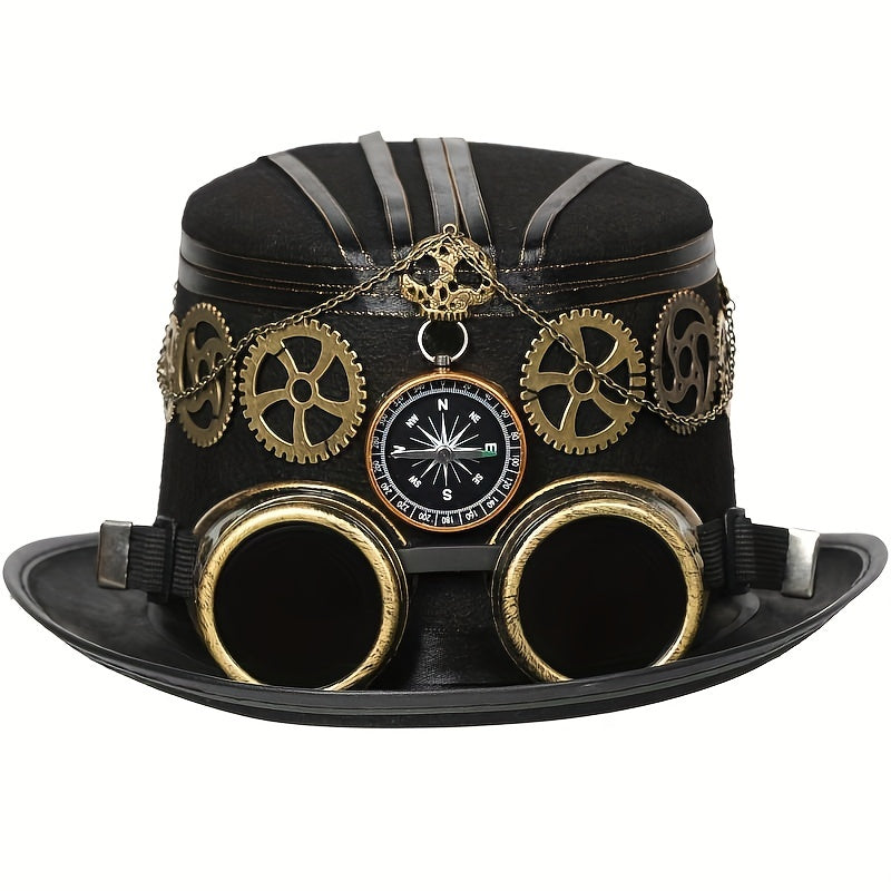Unisex Steampunk Top Hat - Compass, Goggles, Detachable Gears