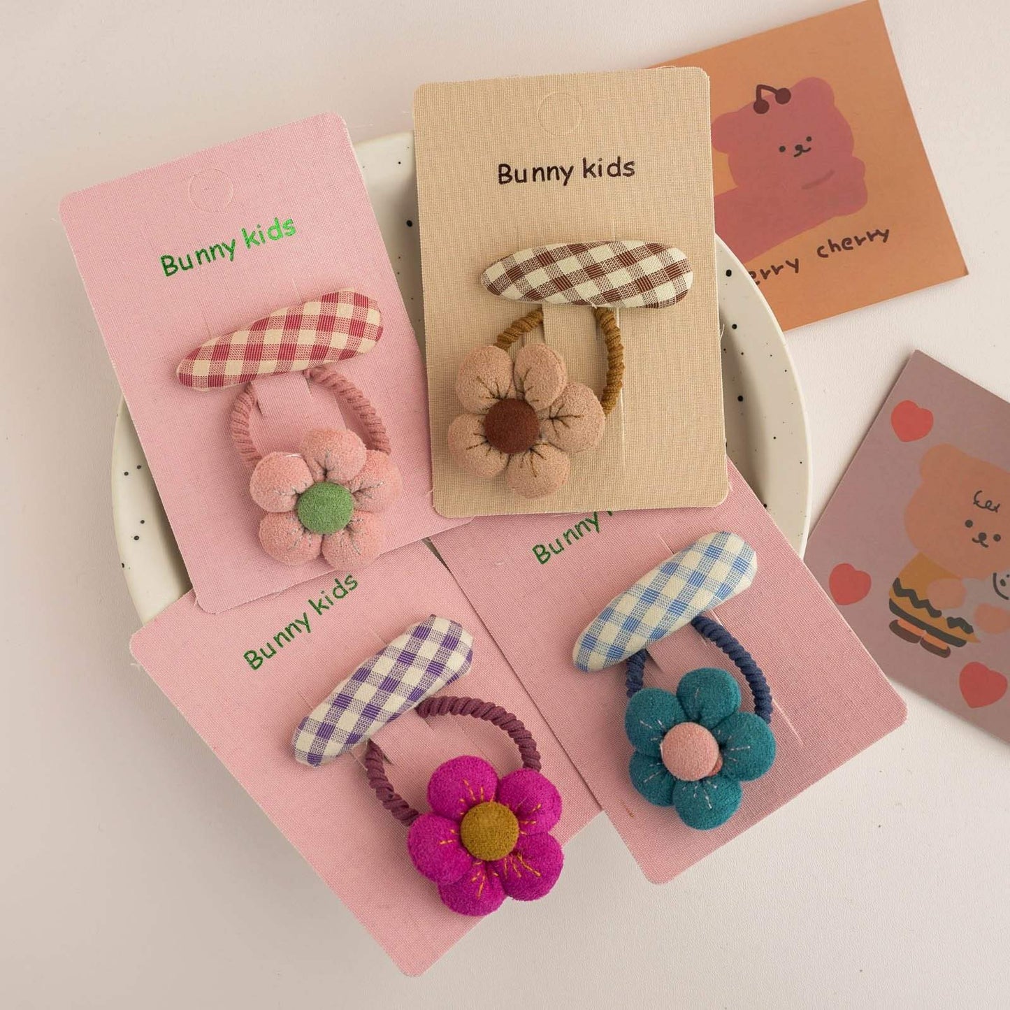 Children's Plaid Hairpin Fabric Hair Ring Set