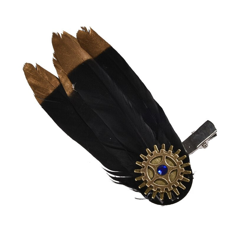 Steampunk Clock Gear Feather Hair Clip