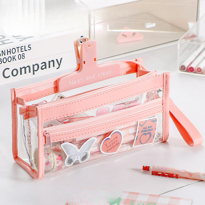 Four-layer Transparent Leather Pencil Bag
